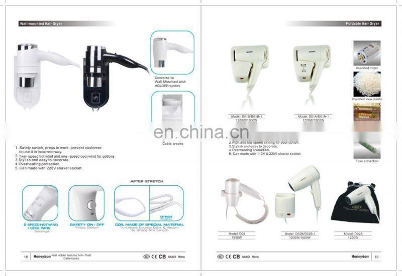 Honeyson Wall Mounting 1600W Hair Blower Dryer Professional for Hotels