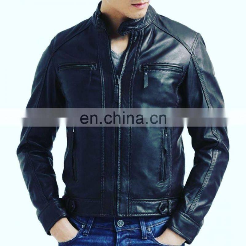Fashion Men Stand Collar Zipper Leather Jacket Motorcycle Leather Jacket Coat