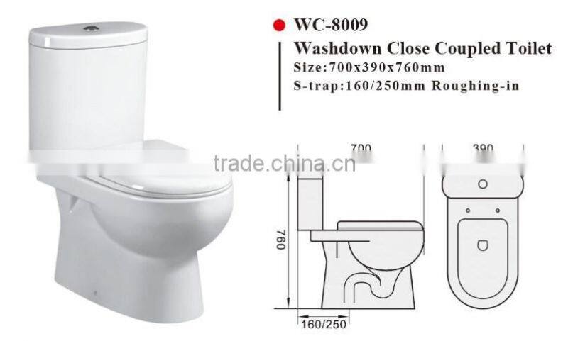 WC-8009 Washdown Two-piece Toilet with Soft Closing Cover Ramp Down Closer, Water Closet Toilet Bowl