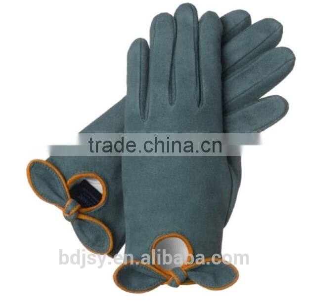girls wearing cute suede darkgreen bow leather glove