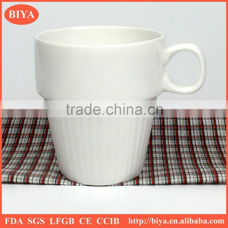 porcelain cup hot selling fancy white porcelain round stacked coffee stripe cup with handle tea and milk mug
