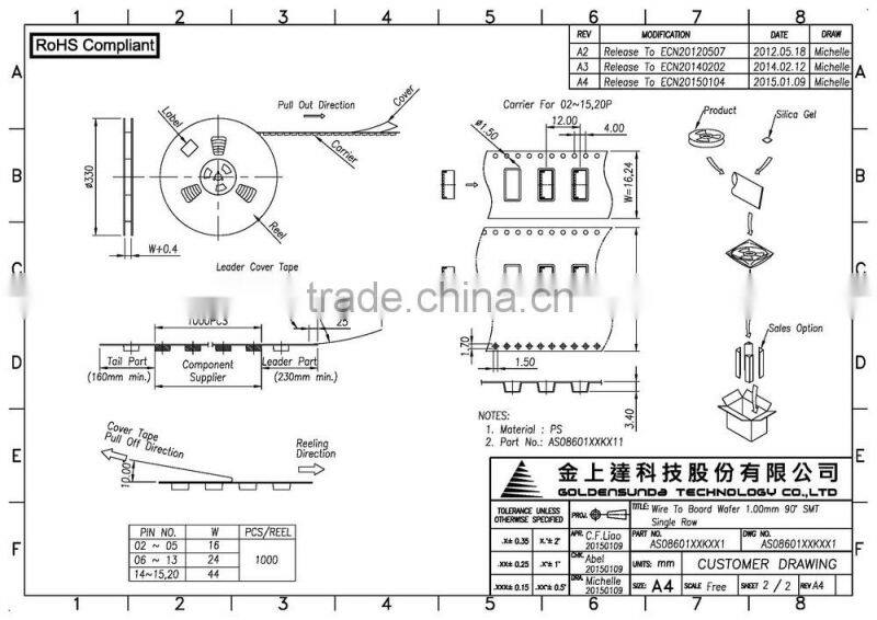 Pitch 1.0 mm Wafer Connector, SMT Right Angle Type, 2 ~ 15, 20 Pin Connector Wire to Board