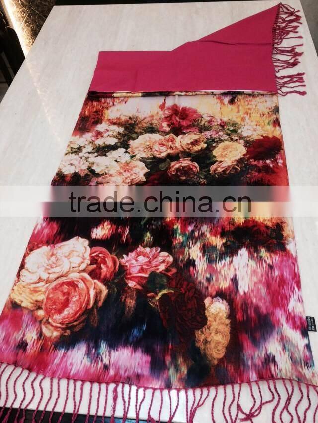 retail luxury gorgeous design high quality 100% silk cashmere attractive flower oil painting digital printed scarf