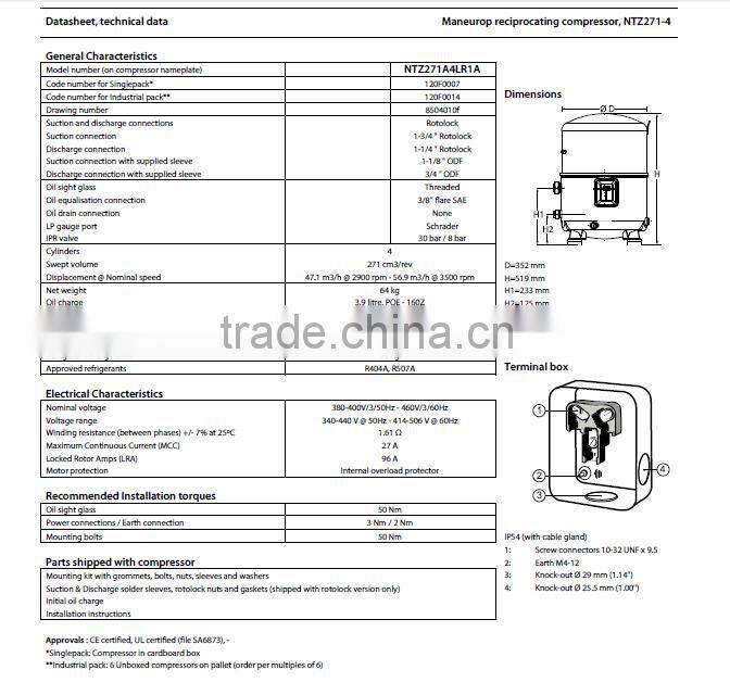 Maneurop Reciprocating Compressor NTZ271A4LR1A