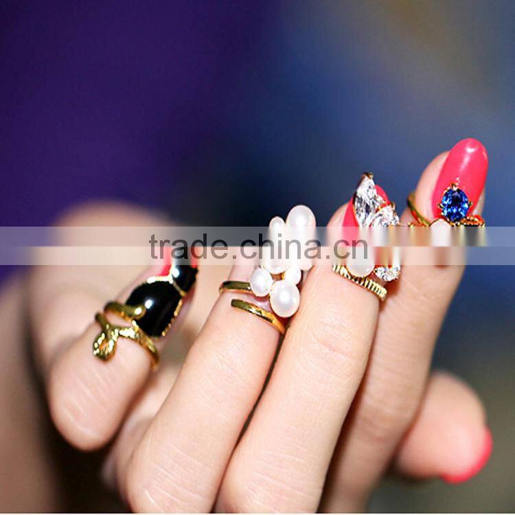 girls japan gemstone pearl finger nail ring jewelry