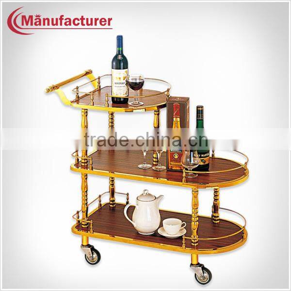 3 Layer Hotel Wood Food Service Handle Cart with Wheels/Coffee & Beverage Trolley