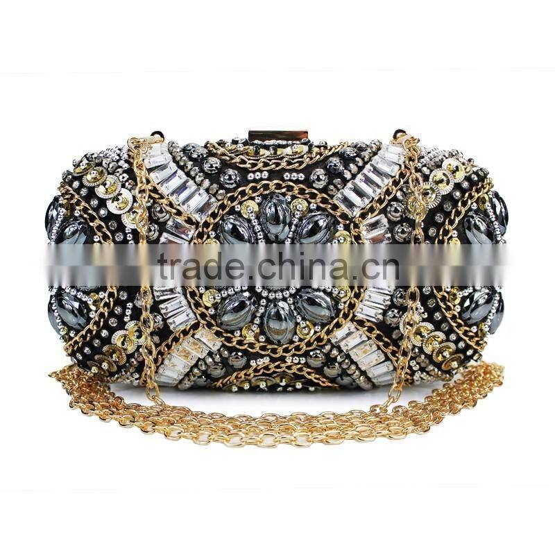 fashion classic design embroidery flowers party black diamond clutch evening bag shoulder bag handbag ladies purse(C024)