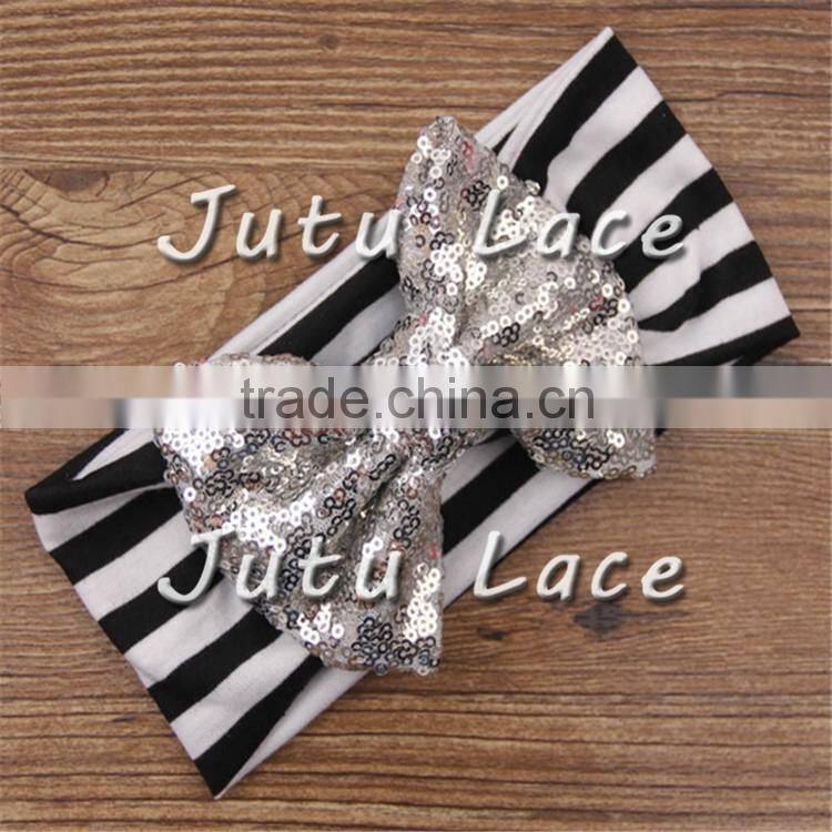 9 colors in stock babies headband stripes fabric, Sequin Bow Stripe Cotton knot headband wholesale
