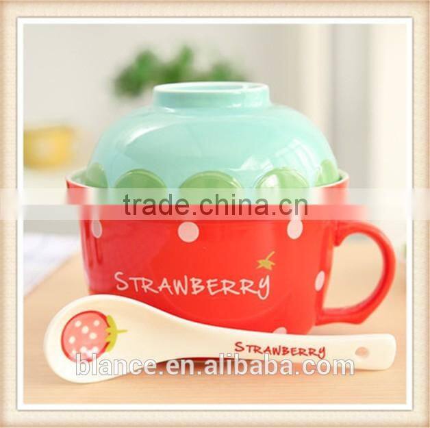 large ceramic soup bowl set with spoon in fruit shape design