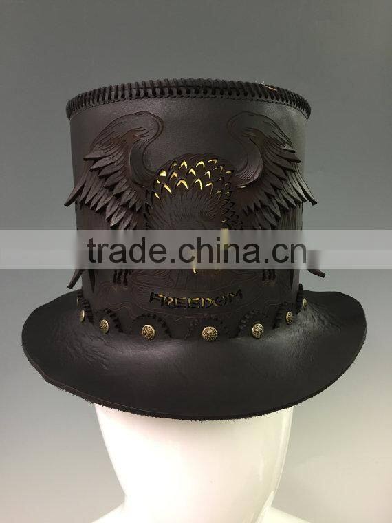 Black leather Victorian Corset style / Steampunk / Gothic / Emo style Top Hat w. solid metal bat badge