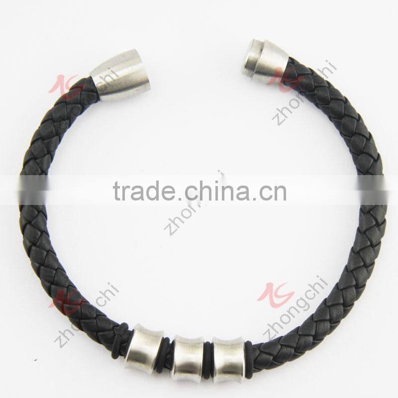 stainless steel magnet clasp with green leather braided cuff bangle