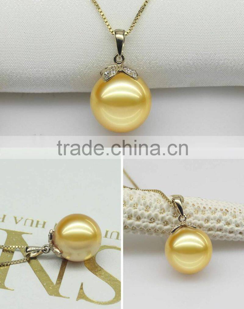 Wholesale pearl pendant 11-12mm perfect round14k gold love sea pearl pendant