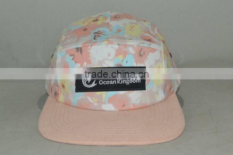 Guangzhou hat factory professional custom 100% polyester / 5 panel/pink camouflage with dark blue/woven label mark/flat brim hat