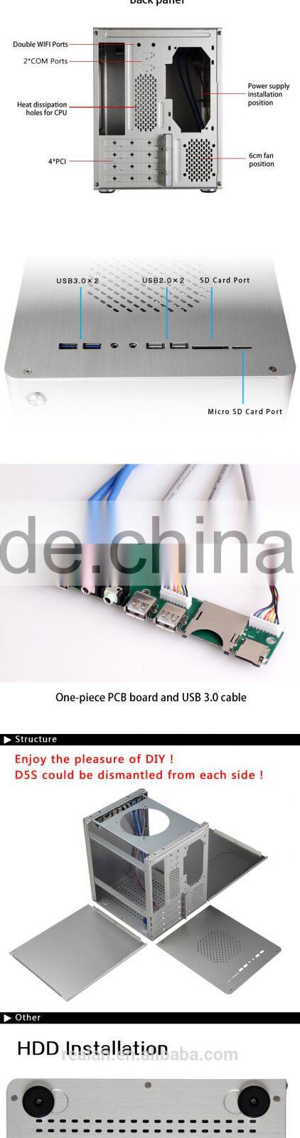 Realan Vertical Desktop Computer Aluminum Mini ITX Case Micro ATX Case D5S For Standard ATX Power Supply