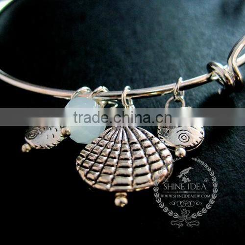 antiqued silver ocean sea shell fish blue glass bead charms wiring bangle bracelet fashion women jewelry 6440010