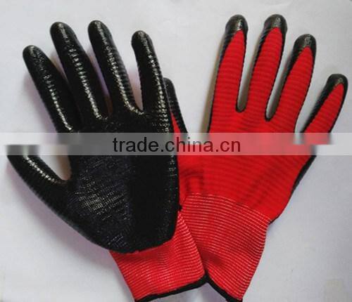 BSSAFETY Black nitrile coated red nylon knitted safety gloves, zebra nitrile hand protection work gloves