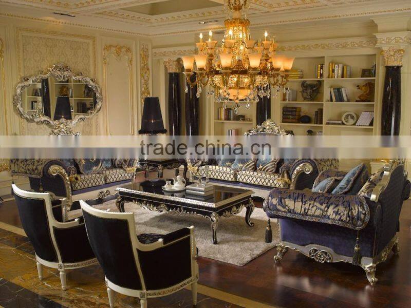 Unique Design Fine Carved Silver Foil Sofa Set, Printed Purple Color Wide Arm Sectional Sofa Set