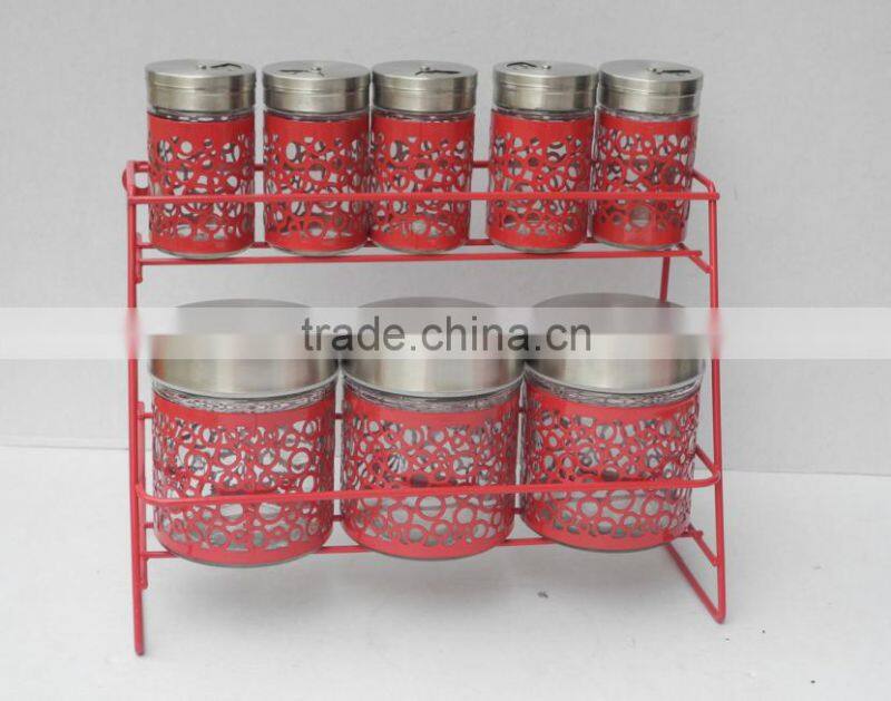 high quality red glass storage jar cruet jar spice bottle set with stand