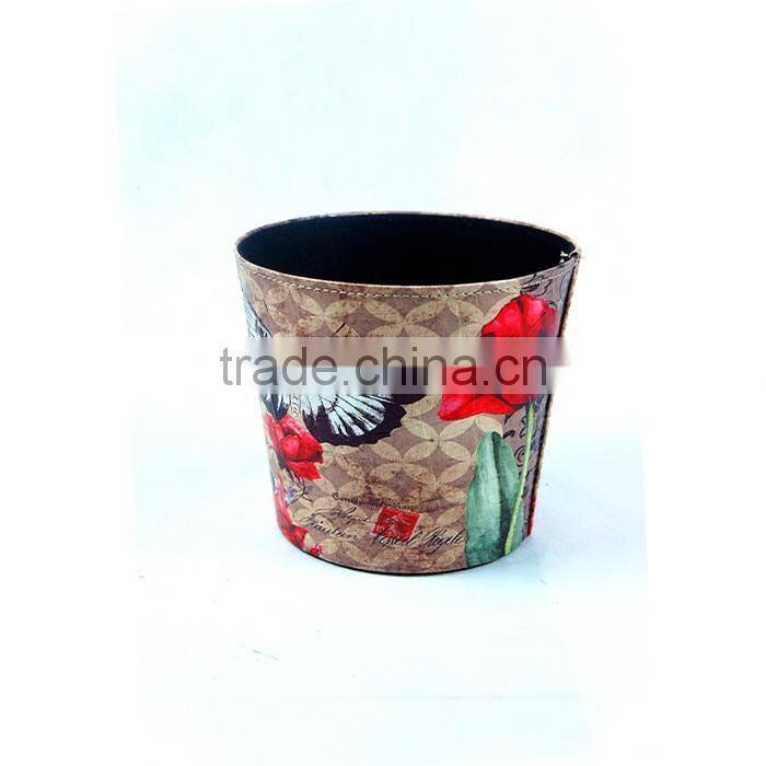 Household Butterfly And Flower Print Waste Bin Faux Leather Trash Can