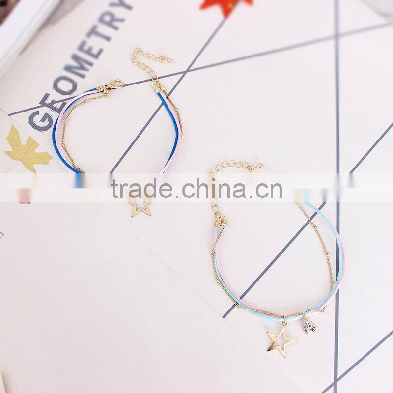gold cross star zircon charms bracelet layered colorful silk cord gold chain bracelet