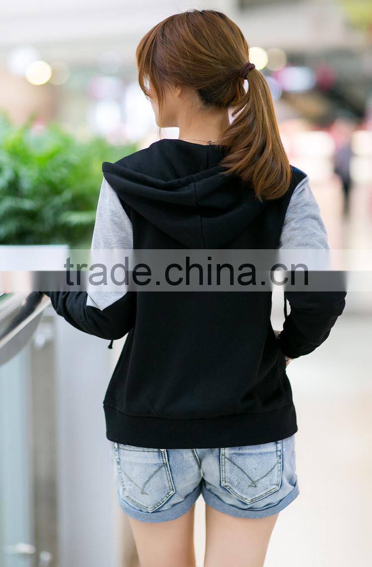 Women cotton splicing printed zipper bomber jacket with hood
