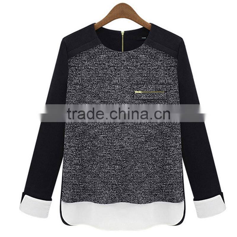 autumn Fashion simple style contrast color straight fit knitted casual wear back zipper ladies blouse designs 2015