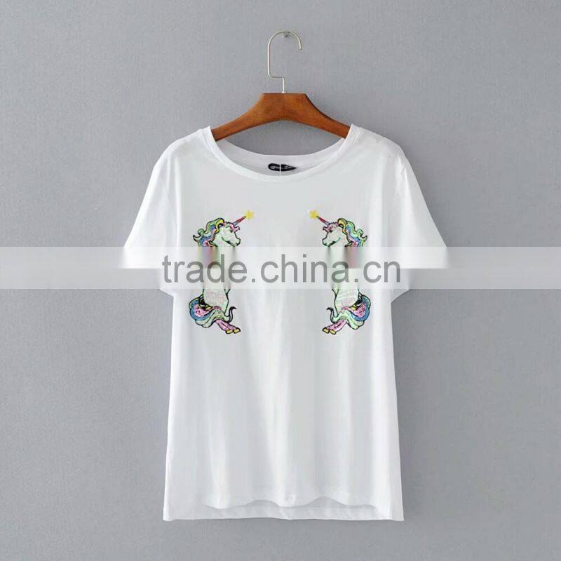 Women wholesale unicorn embroidery beaded white t-shirt