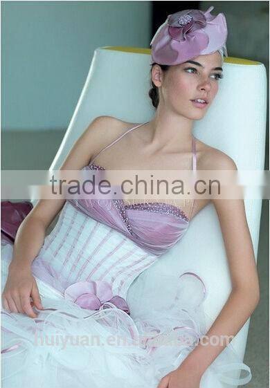 white and pink combine spaghetti strap short front long back wedding dress