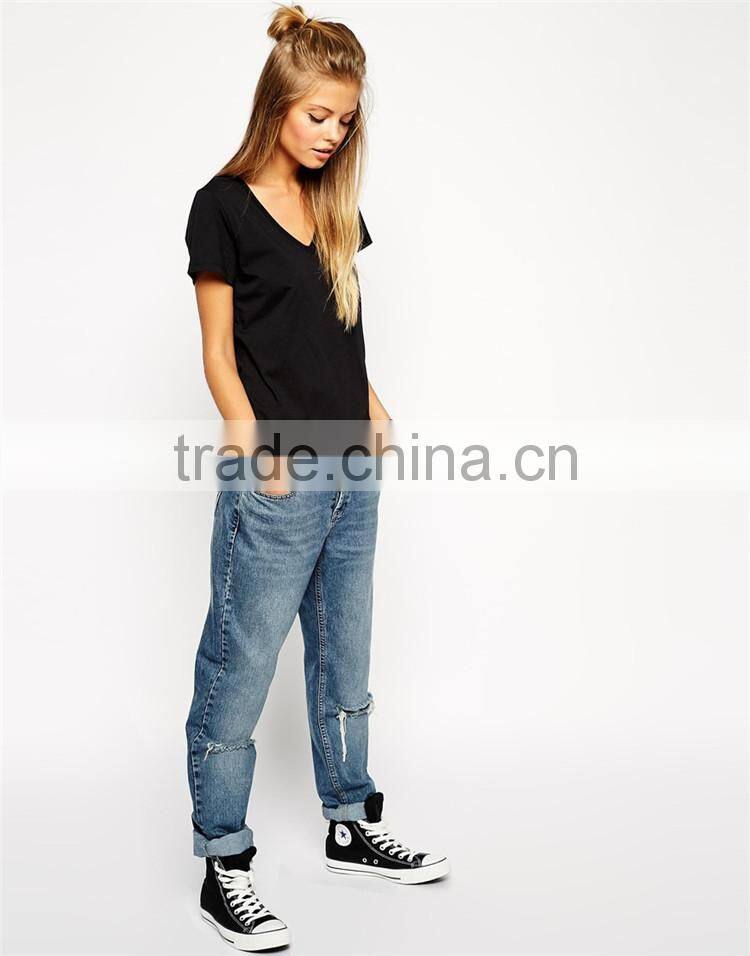 OEM service 100% cotton v neck short sleeve women t shirt plain no brand t-shirt