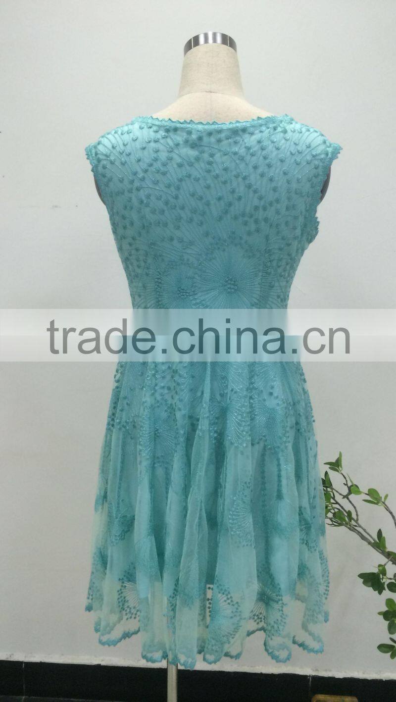 latest ladies mesh embroidery floral sleeveless mini casual lace dress