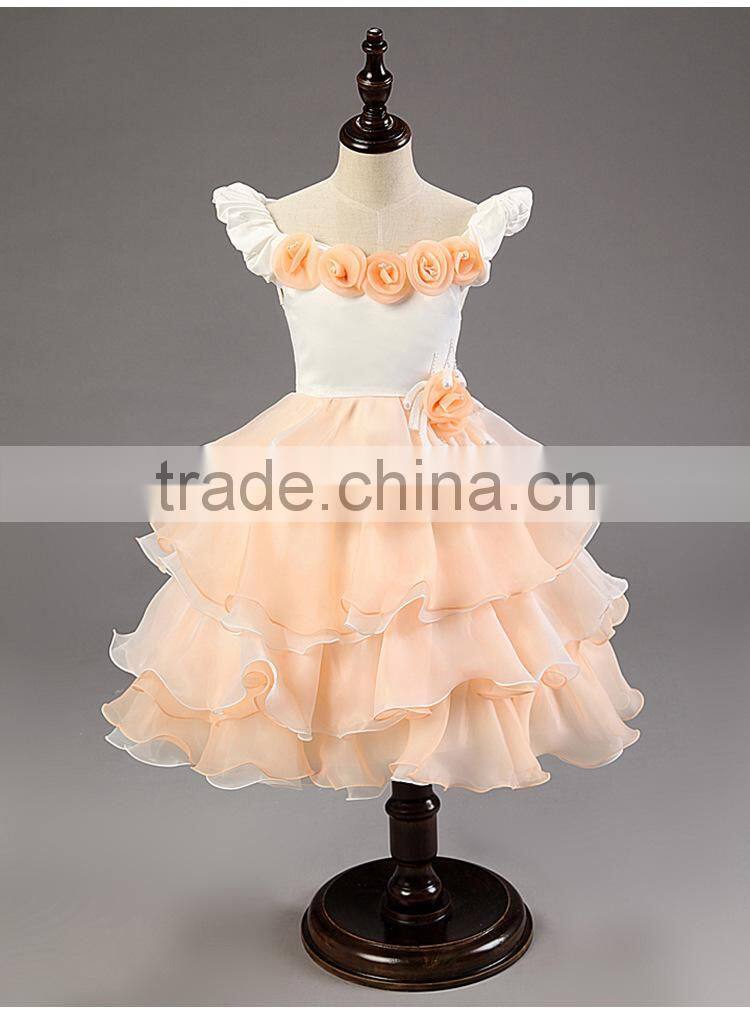 MGOO Latest Design Stocklot Pretty Girl Pageant Dresses Kids Champage Flowers Toast Embroidery Dress MGT005-3