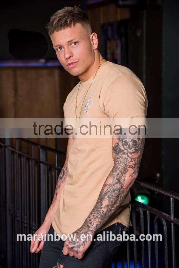 2017 hot new products 95% cotton 5% elastane t shirt mens longline curved hem muscle fitted t-shirt longer drop gym t shirt