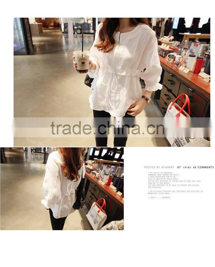 latest fashion Cotton and linen Rond collar shirt flounce shirt blouse for women