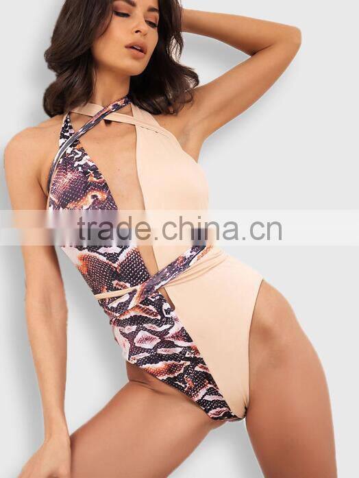 Runwaylover 094 Women Sexy Deep V-Neck Printed Bodysuits