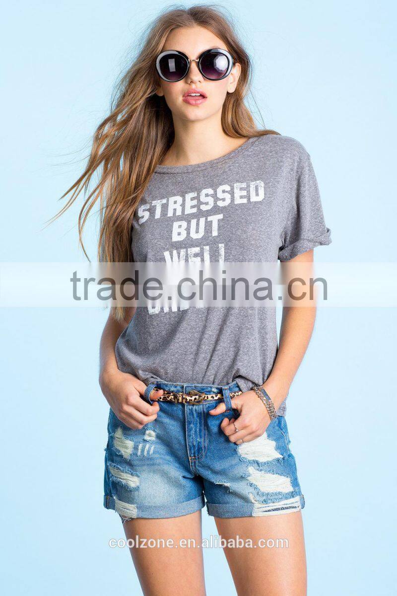 Custom rolled short sleeves t shirt wholesale graphic print t-shirt woman