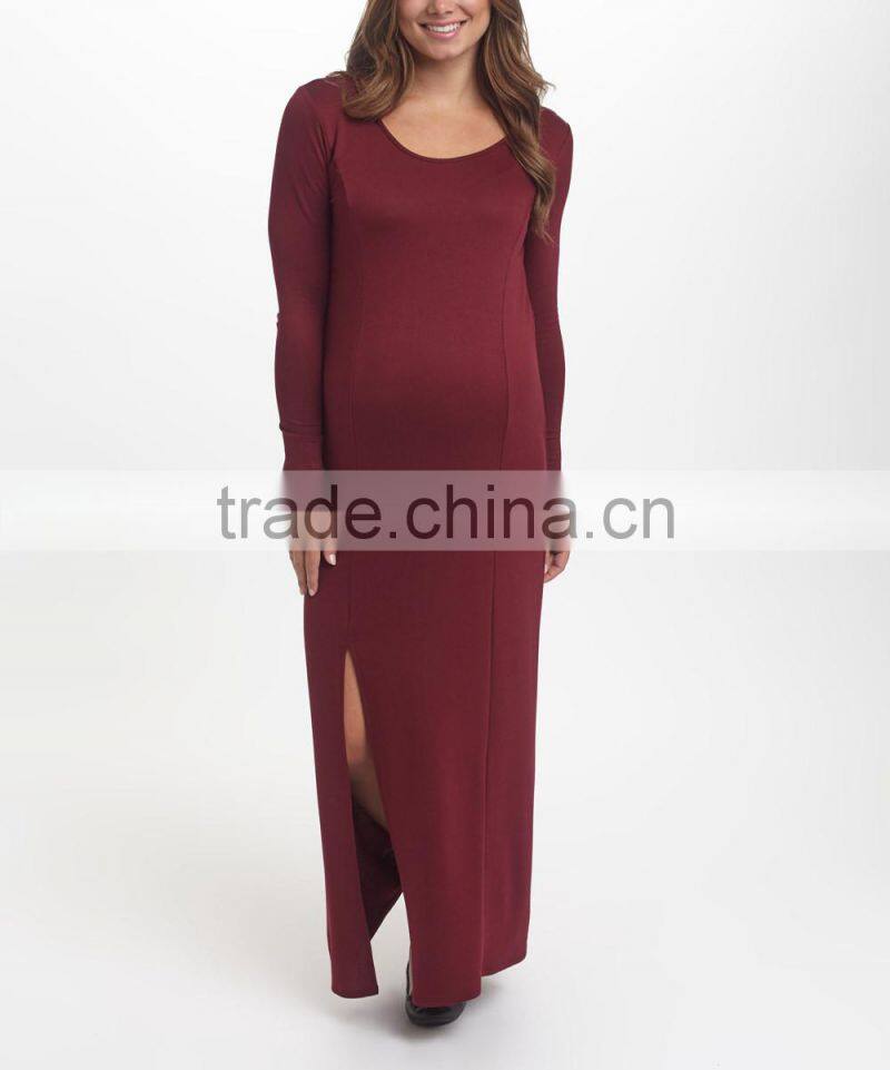 Newest Maternity Dresses With Burgundy Maternity Side-Slit Maxi Dress Fashion Women Clothing WD80817-19