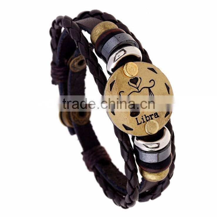 Retro 12 Zodiac Womens Mens Genuine Real Braid Faux Leather Bracelet Bangle Cuff Wristband Handmade Jewlery