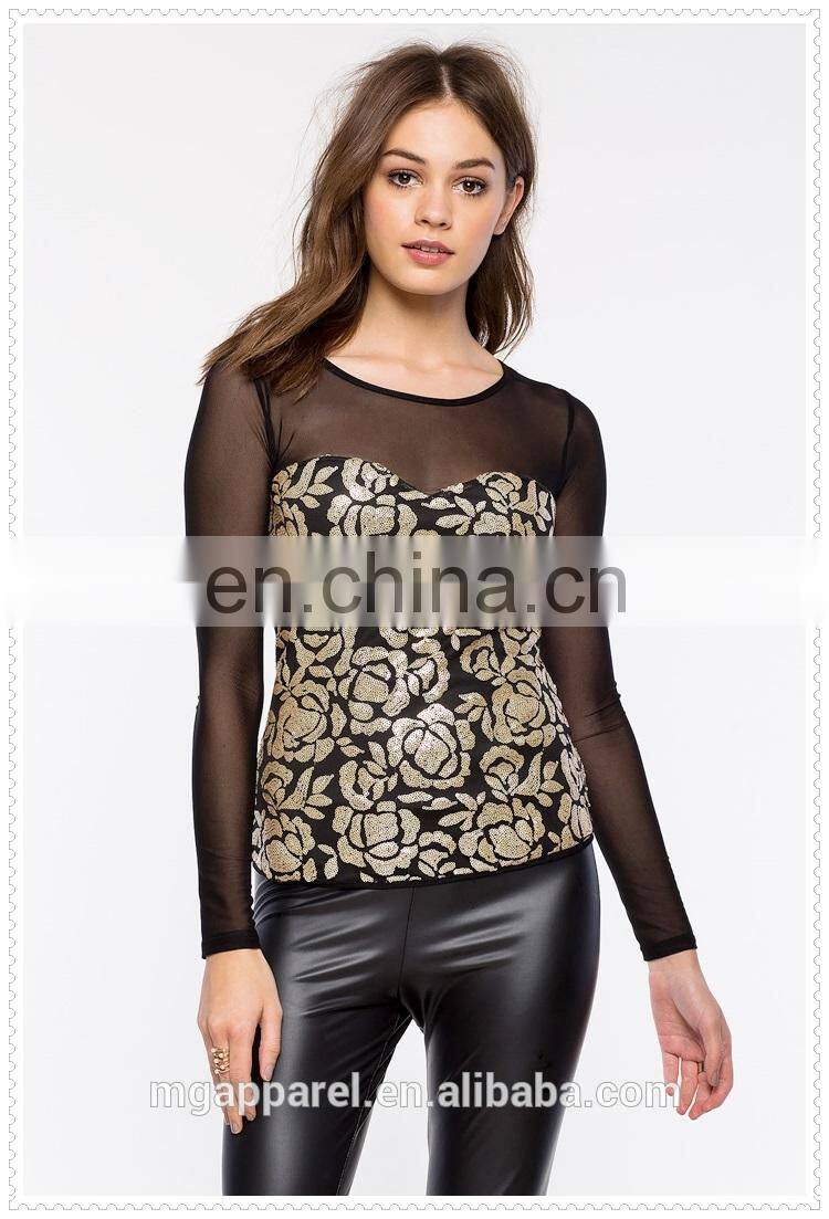 OEM cheap fancy gold-toned sequins long sleeves women floral top blouse