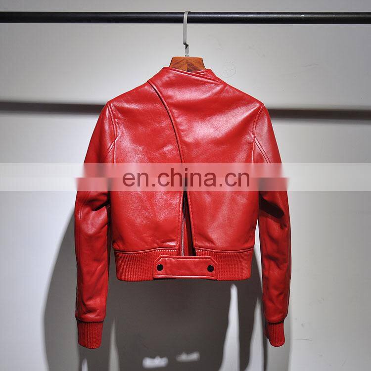 2017 Slim Red Leather Jacket Design Motorcycle Leather Ladies Short Jacket