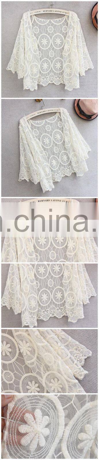 fashion bat sleeve girl lace blouse/vest /cover-up top white Sheer Lace elegant lace tops for ladies
