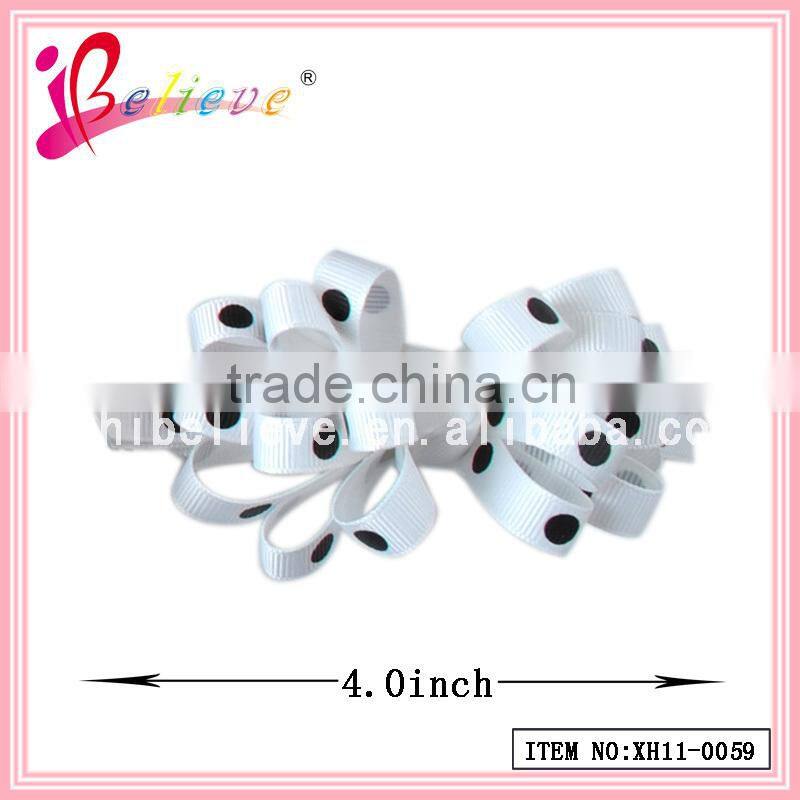 Promotion price good quality factory direct sale delicate dot grosgrain 4.0 inch frizzy ribbon bow hair barrette (XH11-0059)