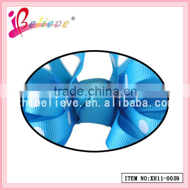 Promotion price good quality factory direct sale delicate dot grosgrain 4.0 inch frizzy ribbon bow hair barrette (XH11-0059)
