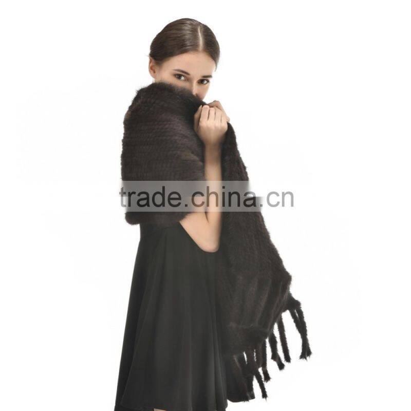 Hot Selling Style 2015 Fashionable Knitted Real Mink Fur Shawl with pockets