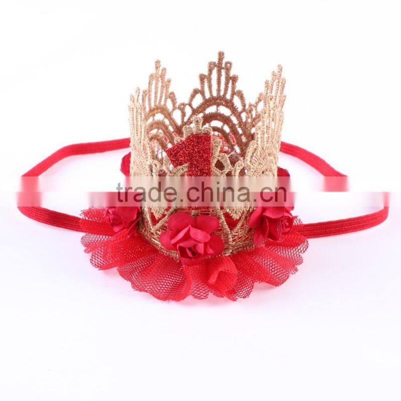 Hot-sales kids large gold lace crown headband baby hair accessory crown baby gold flower hair band wh-1836