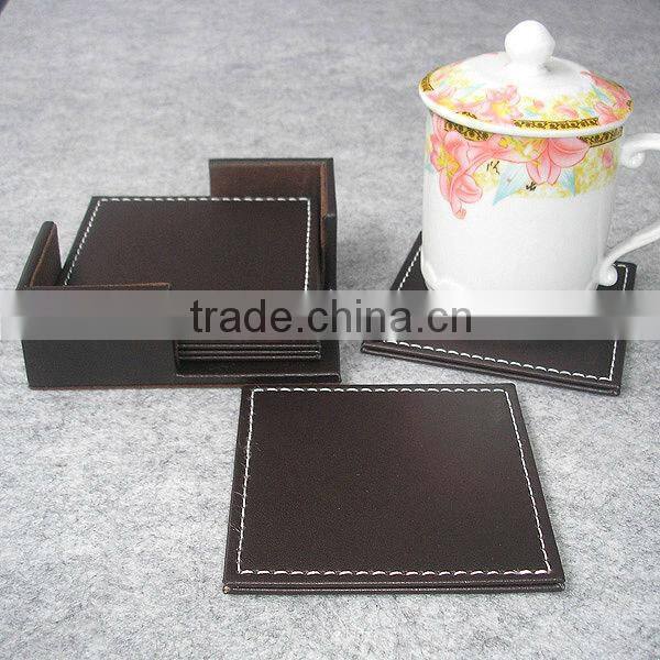 Hot Selling Square Brown PU Leather Coaster
