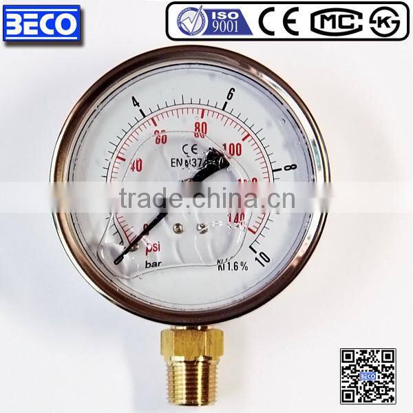 100mm Glycerin or Silicone oil filled stainless steel material water pump Pressure gauge YTN-100A