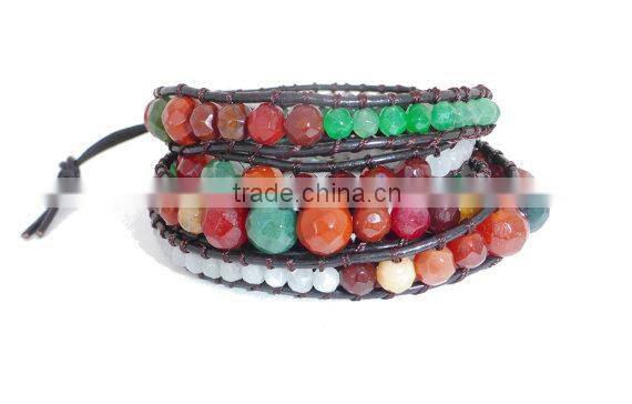 Multi Gem Stone Graduated Wrap Bracelet on Dark Brown leather