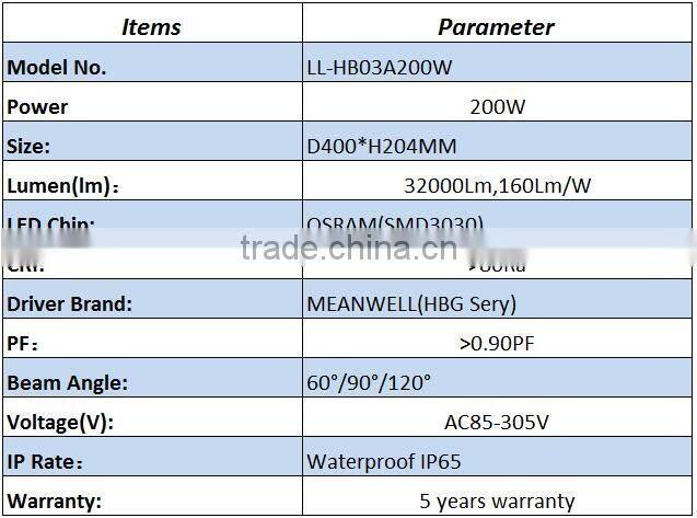 aluminum SMD3030 32000LM 200W led high bay light
