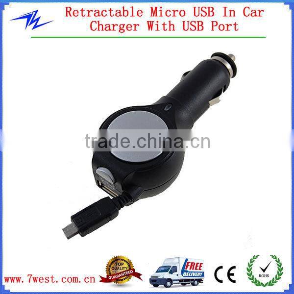 Micro USB Car Charger with Retractable USB Cable for Samsung / HTC / Blackberry