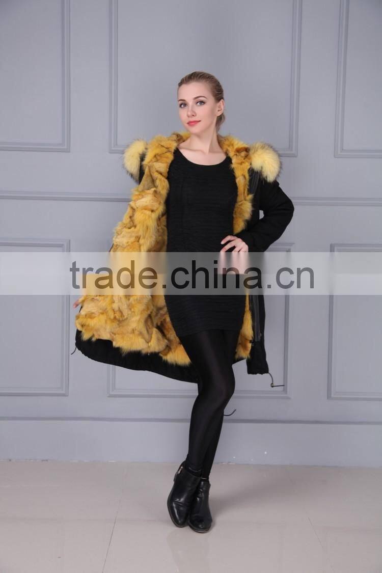 Brand fashion womens genuine fox fur lining parka with raccoon fur hood